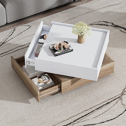 Sweiko Salontafel - 360° Draaibaar tafelblad - 2 lades - Wit + Houtnerf