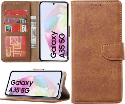 Hoesje geschikt voor Samsung Galaxy A35 bookcase met pasjeshouder - Bruin
