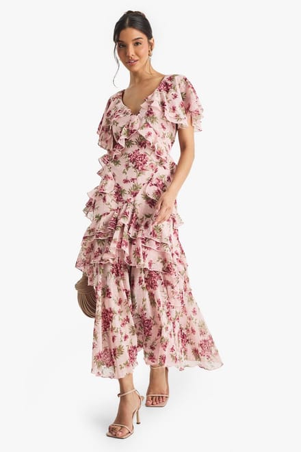 boohoo Dames Bloemen Ruffle Maxi Jurk | Roze | Maat: 44