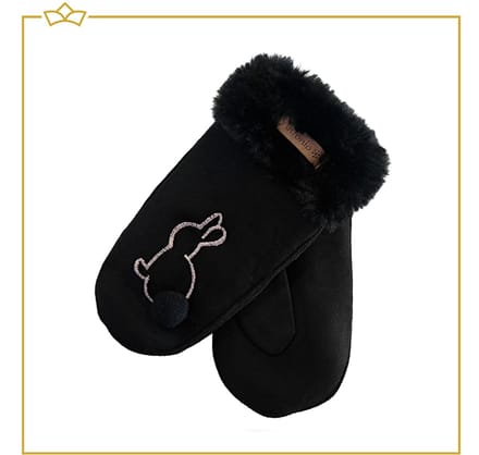 ATTREZZO® Handschoenen Kind - Wanten - One Size - Zwart - Konijn - extra warm!