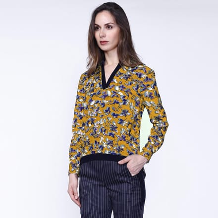 Satin Col-V Blouse en bladeren print