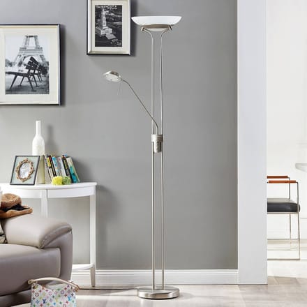 Lindby LED vloerlamp Yveta, nikkelkleurig, leeslamp, dimbaar