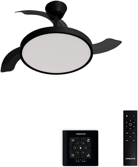 CREATE - Plafondventilator 40W stil met intrekbare bladen met licht - Ø91cm - Zwart - Controller voor wandmontage + afstandsbediening - WIND CLEAR STUDIO