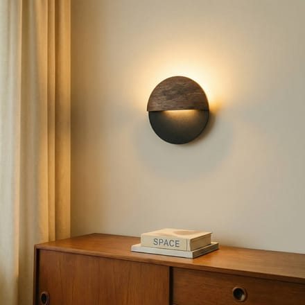 SIGMA LED wandlamp Luna S, zwart/wenge, staal, hout, 3.000 K