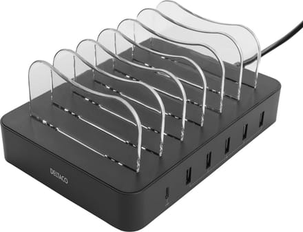 Deltaco DPS-0200 USB Oplaadstation - 6 Apparaten - 5xUSB-A/1x USB-C Power Delivery - 50W - Zwart