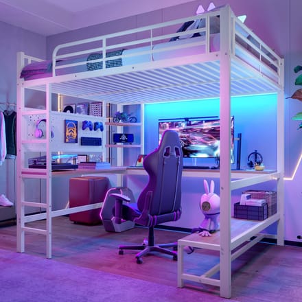 REDOM Hoogslaper 140x200 cm van metaal – Met bureau, planken, pegboard, LED en USB – Wit