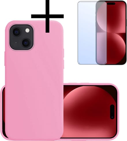 Hoesje - Met Screenprotector - Geschikt voor Apple iPhone 15 Plus - Sterk & Shockproof - Back Cover - Siliconen Case - Telefoon Hoes - Lichtroze