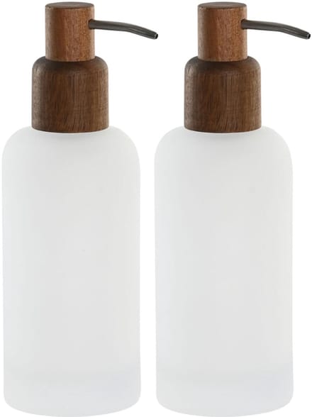 Atmosphera Zeeppompje/dispenser - 2x - wit / bruin - acacia hout - mat glas - 8 x 21 cm