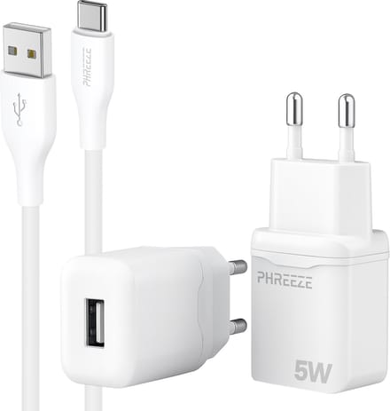 Phreeze usb lader 5V 1A - Usb C naar usb kabel 1m - Usb stekker voor gsm tablet accessoires - Universele usb oplaadblokje 5w