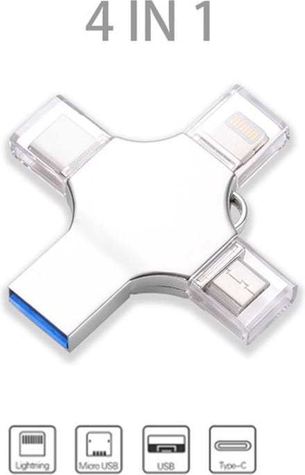 Bru USB Flashdrive - 4-in-1 USB Multi Functioneel Flashdrive - Compatibel met iOS, Android en PC - Extern Geheugen - Extra opslagruimte voor uw multimedia - 16 GB