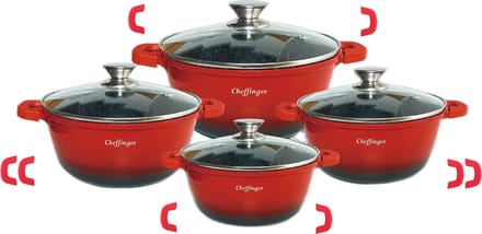 Cheffinger Pannenset met Deksel - 8-delig - Rood - Ø20/24/28/32cm - Inductie