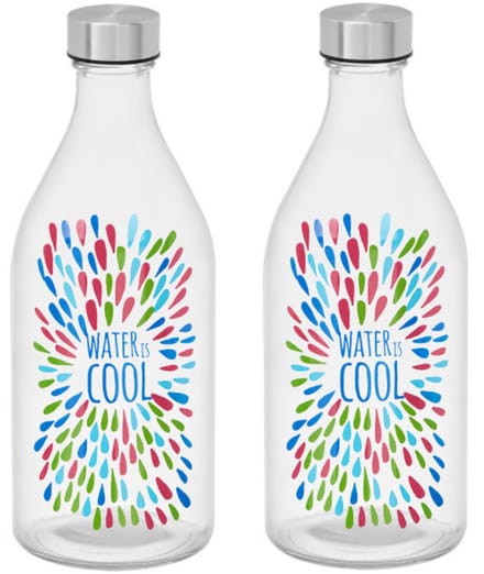 Vivalto Waterfles / drinkfles Summer - 2x - glas - transparant - met RVS dop - 1000 ml