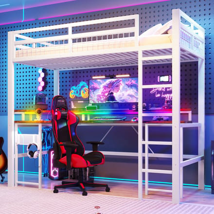 Hoogslaper - 90x200 cm - Met Bureau en LED - USB en Stopcontacten - Metaal - Wit