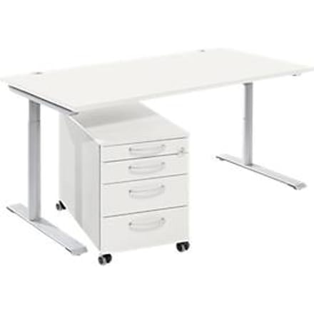 Complete meubelset Modena Flex, bureautafel B 1600 mm, in hoogte verstelbaar en verrijdbaar ladeblok, wit