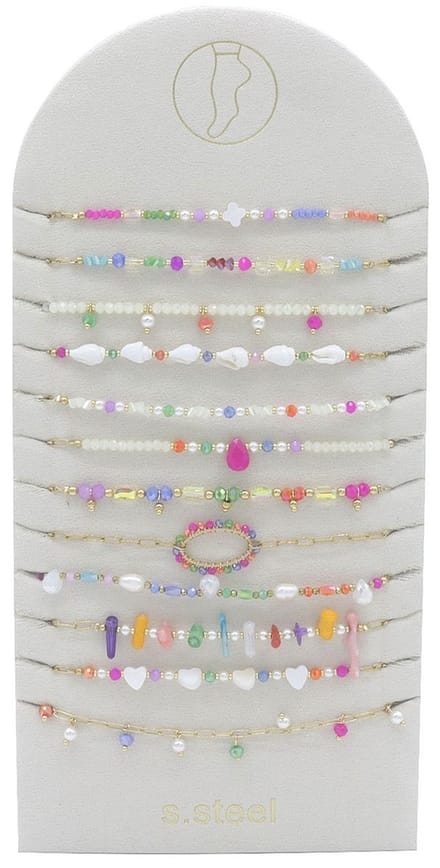 Enkelbandjes - Set van 12 - multicolor - parels - kralen - RVS - goudkleurig