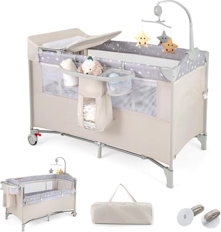 Inklapbaar Reisbed voor Baby met Commode, Speelboog en Muziek - Beige