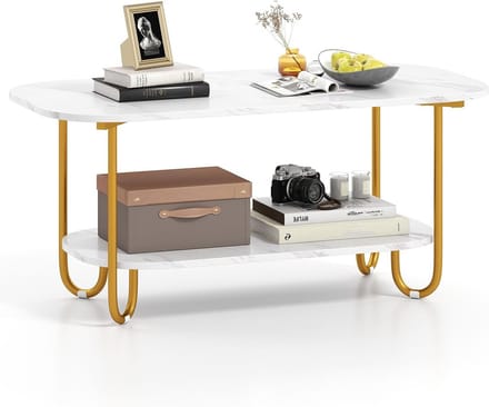 Moderne Salontafel met 2 Planken en Marmerlook - Woonkamertafel Metaal Wit/Goud