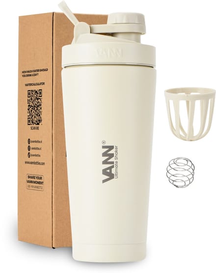 VANN® 3-wandige RVS shakebeker 750 ML - Premium Proteïne & Eiwit Shaker - ULTIMATE SHAKER™ - 12 uur koud - Off White