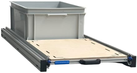 Schuifframe aluminium voor camper 120x40 cm inclusief 1 open bak met multiplex berk 9 mm bovenplaat