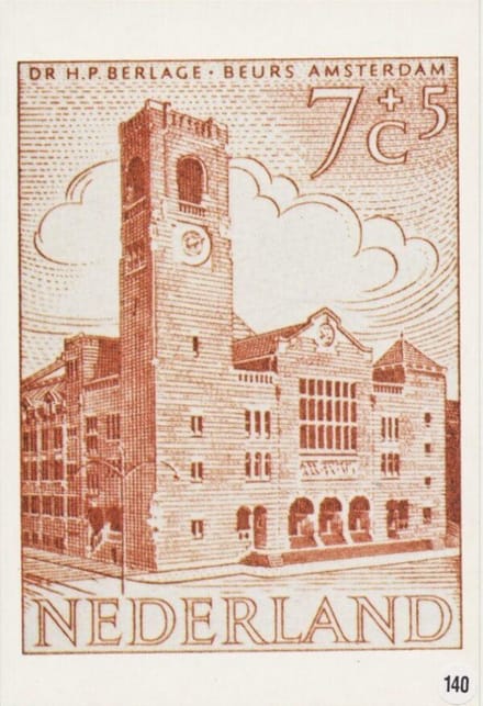 Briefkaart met afbeelding beursgebebouw Berlage te Amsterdam postzegel