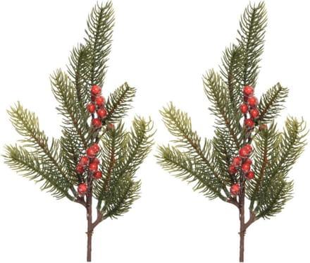 Decoris Kersttakken/dennentakken - 2x - groen met bessen - 36 cm