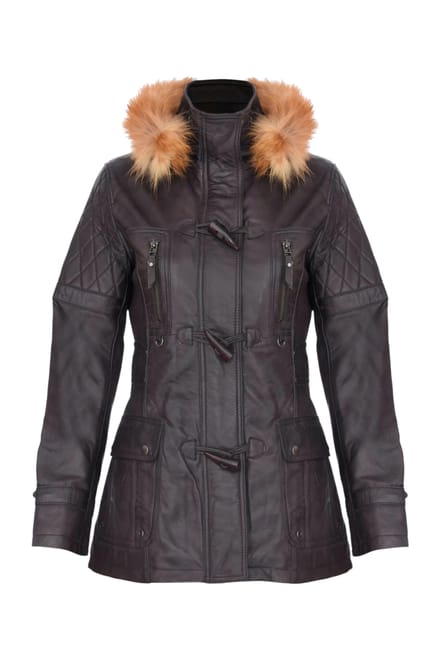 Dames bruine lamsleren gewatteerde parka met bontkraag - Duchess