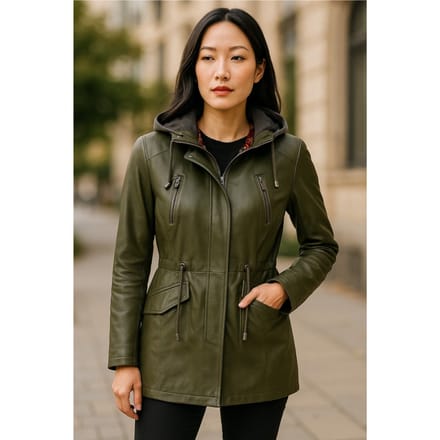 Dames groene leren parka met capuchon - Clare