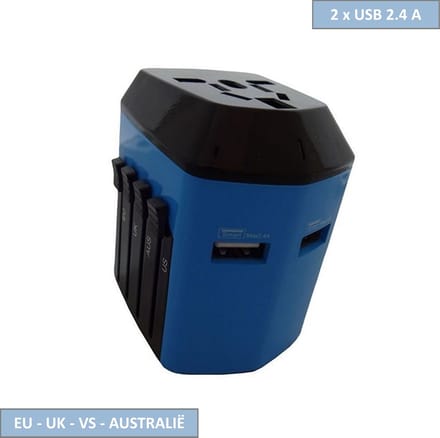 Q-link Reisstekker - Wereldstekker - EU, VS, UK en Australië - 2 x USB lader 2.4A - Blauw