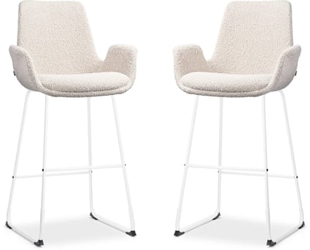 Nolon Nino-Eef Barkrukken Set van 2 Bouclé Beige - met Armleuning - Wit Onderstel - 75 cm - Barkruk met Rugleuning - Lage Armleuning - Scandinavisch