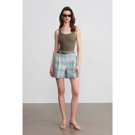 Hoge Taille Geruite Short met Ceintuur