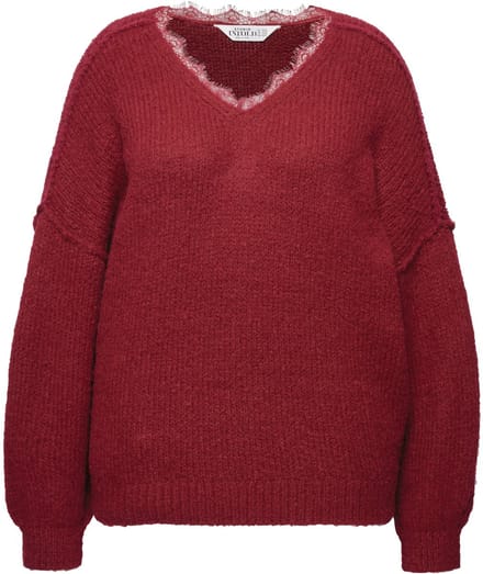Studio Untold - Dames - Trui V-hals met kant wijde lange mouw - Donkerrood - Maat 54+