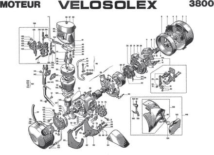 Poster onderdelenoverzicht motorgedeelte voor Solex 3800 Nieuw zwart en wit