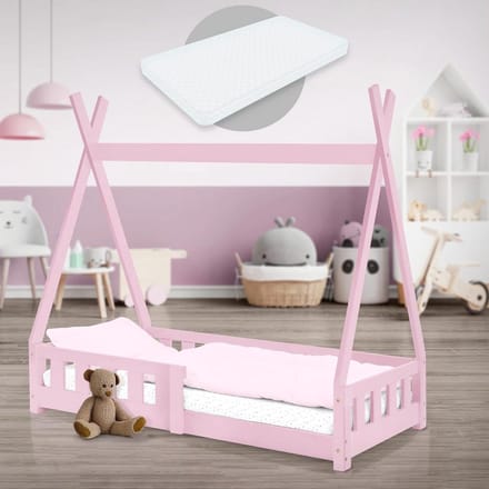 Tipi Kinderbed Houten Speelbed 70x140 cm Roze Inclusief Matras en Lattenbodem