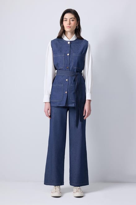 Touché Privé - Denim set van gilet met riem en broek - Denim - Dames