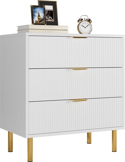 Ladekast Met 3 Lades - Geribbeld Front -Gouden Grepen & Poten - 71x43x76 cm - Wit