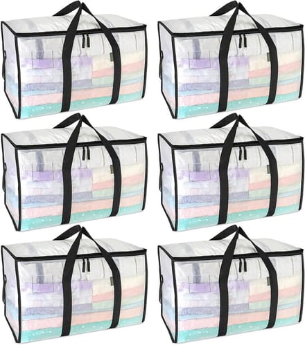 BALEINE 6-pack oversized verhuiszakken, versterkte handgrepen, zware plastic opbergbakken, helder, 6-pack