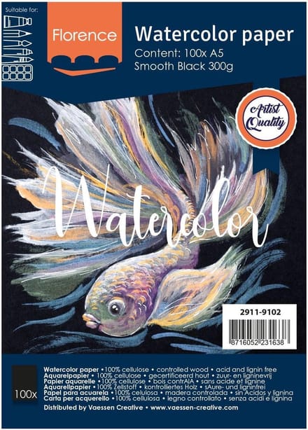 Aquarelpapier - Zwart - A5 - 300 gram - Smooth - Gladde Structuur - Florence - 100 vellen