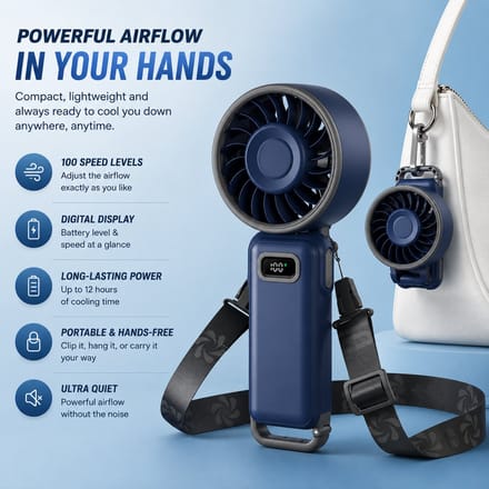 Draagbare handventilator turbo - 100 snelheden - 3600mAh batterij - 12 uur - LED display - blauw