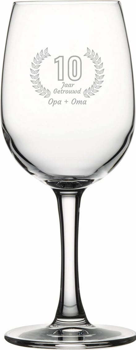 Gegraveerde witte wijnglas 26cl Opa + Oma 10 jaar getrouwd