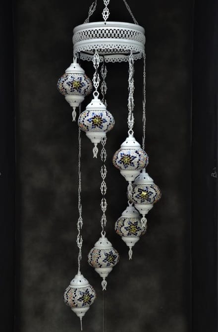 Hanglamp multicolour blauw wit glas mozaïek Oosterse lamp kroonluchter Crèmewit 7 bollen