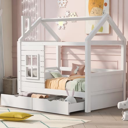 Sweiko Kinderbed - 80*160cm - 2 Laden - Valbescherming - Massief houten bed - Lattenbodem - Wit
