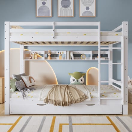 Stapelbed - 90x200 cm - Met Uitschuifbed En Rekken - Met Wielen - Hout - Wit