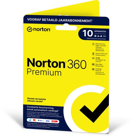 Norton 360 Premium - 1 Gebruiker - 10 Apparaten - 1 Jaar - 75GB - Windows/MAC/Android/iOS Download