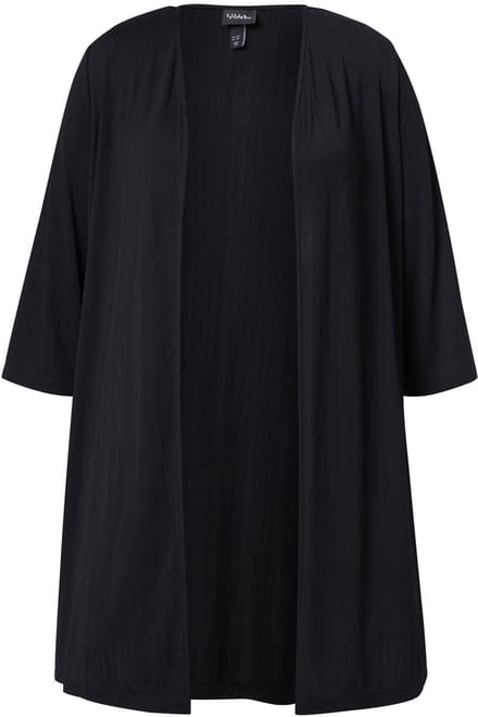 Ulla Popken - Dames - Lange jas ribjersey open model V-hals - Zwart - Maat 50+