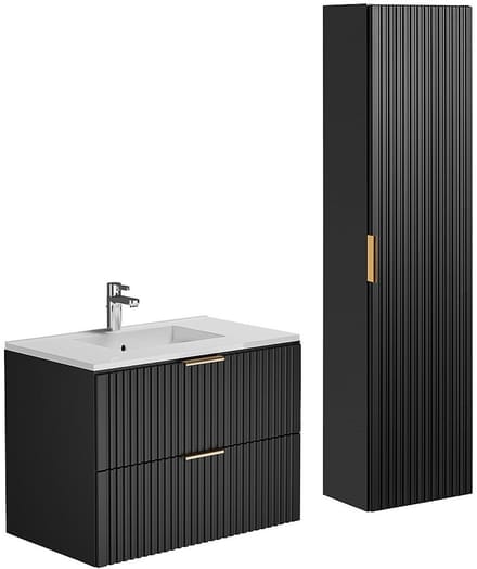 Vente-unique Geribbeld hangmeubel met inbouwwastafel en kolomkast - Zwart - 80 cm - ZEVARA