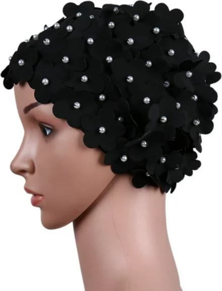 Winkrs | Zwarte Bloemetjes Badmuts | Douche accessoire, haarbedekking, douchecap, zwemmen
