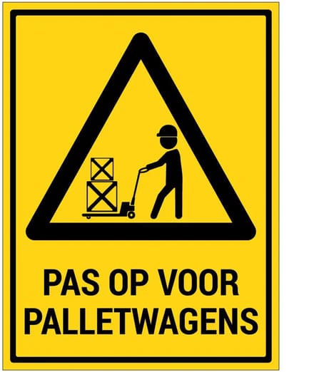 Pas op voor palletwagens sticker met tekst | 20 x 15 cm