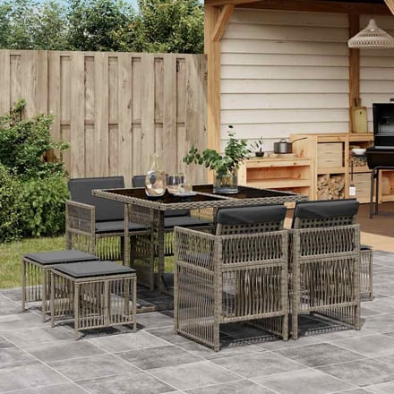 vidaXL - 9-delige - Tuinset - met - kussens - poly - rattan - grijs