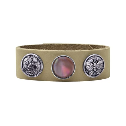 Quiges Dames Leren Armband Beige met 3 Drukknopen Set 19.5 - 21.5cm - EBCMS333