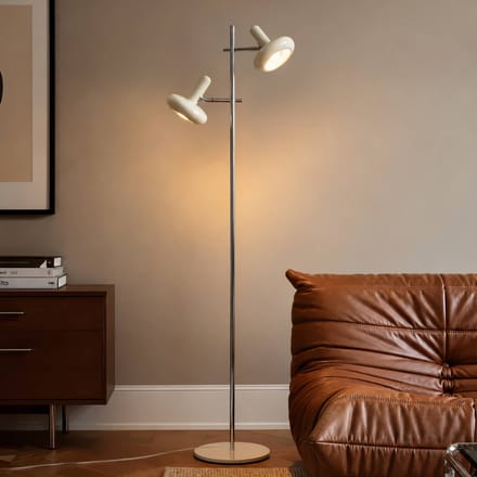 Lindby vloerlamp Dylan, 2-lamps, chroom/beige, 150 cm, E14